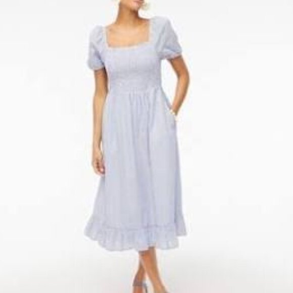 J. Crew Blue White Puff Sleeve Striped Romantic Midi Dress Smocked - Picture 1 of 13
